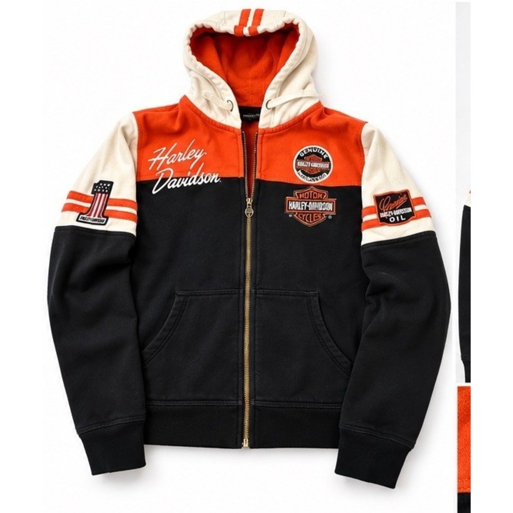 Harley Davidson Women 3W Hoodie Full Zip MotorClothes Embroidered Black Orange